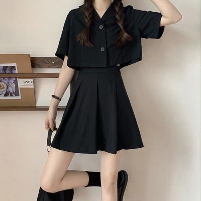 39317/ins衬衫套装女 夏季韩版新款时尚高腰短袖上衣短款黑色裙子两件套