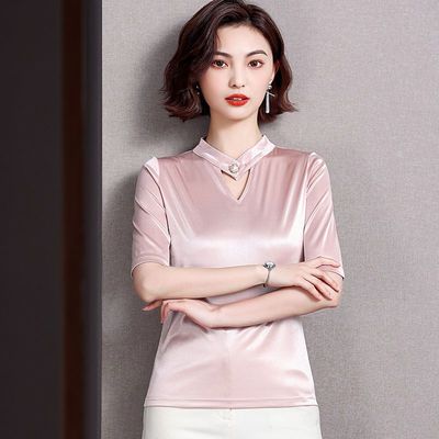 27036/2021夏季新款V领短袖女士上衣内搭外穿缎面宽松大码女装弹力遮肚【5月31日发完】