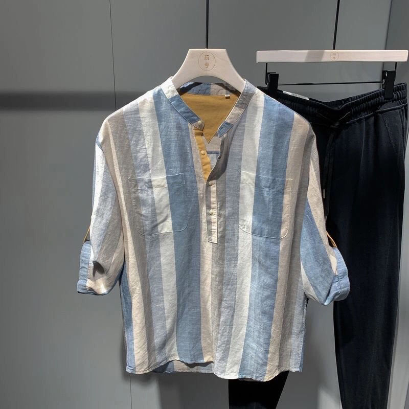 Three-quarter sleeve shirt for men 2020 new summer style Japanese trendy handsome inch shirt loose casual striped shirt