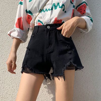 31079/2021年新款黑色破洞牛仔短裤女夏季薄款潮ins高腰宽松阔腿a字热裤