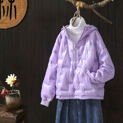105596/2020年冬季新款亮面轻薄白鸭绒连帽套头羽绒服女宽松休闲保暖外套