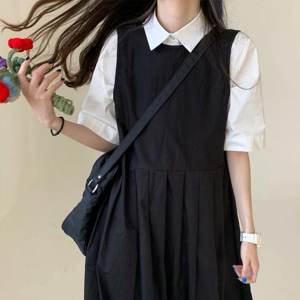 Summer new suit female student Korean version loose Japanese mid-length suspender dress suspender skirt one-piece suit
