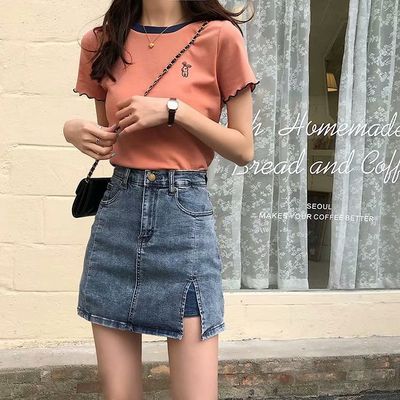 31629/高腰a字开叉牛仔短裙女夏2020新款韩版百搭弹力显瘦半身裙包臀裙