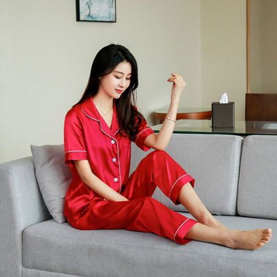 35515/冰丝睡衣女夏季可外穿最新款性感时尚休闲洋气短袖睡衣家居服套装
