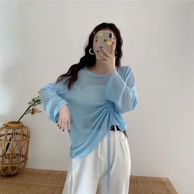 31182/冰丝针织衫女夏薄长袖防晒衣镂空罩衫中长款宽松套头抽绳空调衫女