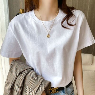 73261/女士纯棉白色t恤学生女生全棉宽松圆领短袖t恤打底上衣体恤女夏