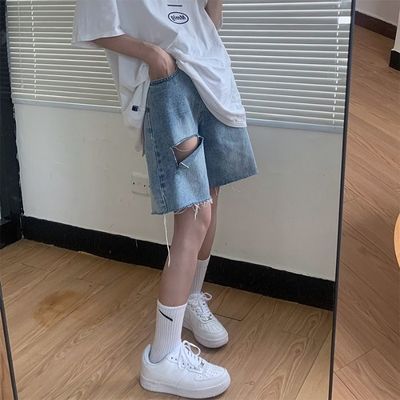 41406/牛仔五分裤女夏季新款ins高腰显瘦破洞直筒中裤网红宽松阔腿短裤
