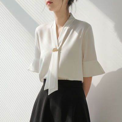52087/夏季上衣女雪纺衬衫简约宽松显瘦设计感V领小众轻熟港风百搭韩版