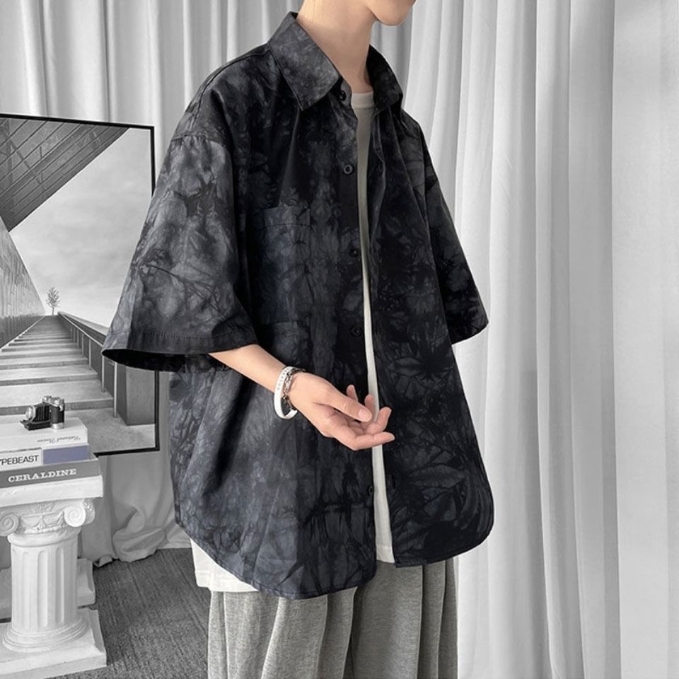 Tie-dyed shirt boys Joker short sleeve summer shirt Hong Kong style Korean trend student coat half sleeve ruffian handsome coat