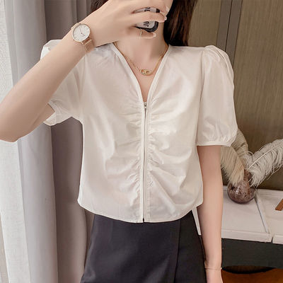 37400/2021新款V领泡泡袖短款衬衫女韩范洋气设计感小众衬衣