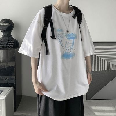 77443/100%纯棉短袖t恤男潮流宽松半袖夏季2021新款ins潮五分袖港风炸街