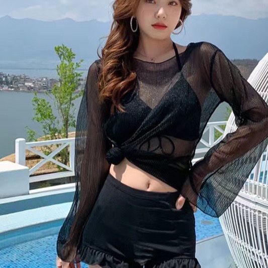 Swimsuit women 2023 new Korean ins sexy three-piece suit cover belly slimming gathered conservative fairy swimwear