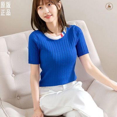 30781/法式冰丝修身针织短袖女T恤21夏新冰麻薄款小衫显瘦气质百搭上衣