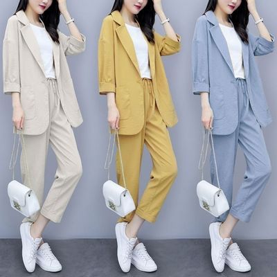 26838/小西装女新款春夏九分裤大码韩版宽松显瘦休闲棉麻西服套装女减龄【5月25日发完】