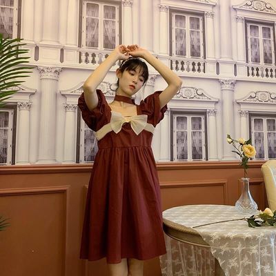 41380/红色连衣裙中长款夏季法式复古方领泡泡袖裙子小众甜美高腰公主裙