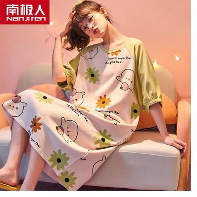 35796/南极人睡裙女春夏6535针织棉夏天睡衣短袖韩版薄款家居服睡裙圆领