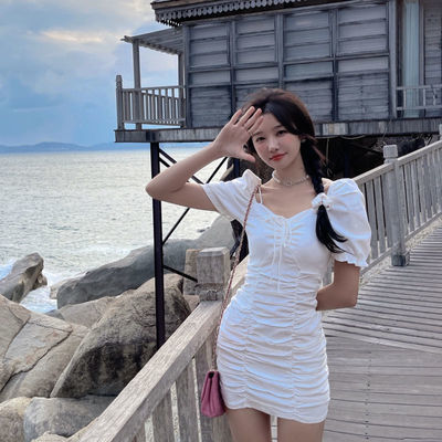 35992/褶皱连衣裙女夏2021年新款气质性感设计感法式抽绳修身显瘦包臀裙