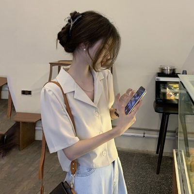 31816/短款盐系风西装领短袖衬衫夏季新款小个子复古港味设计感上衣女潮【6月3日发完】