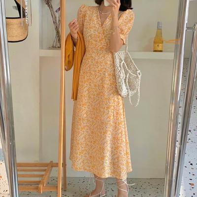39739/法式复古碎花雪纺短袖收腰轻熟风连衣裙2021新款仙女裙温柔中长裙