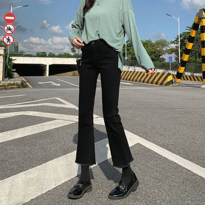 29182/夏季新款黑色微喇叭裤女高腰显瘦韩版毛边牛仔裤弹力直筒微喇裤子