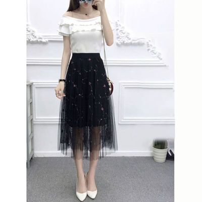 40113/四季可穿百褶网纱裙女中长款高腰显瘦刺绣a字蓬蓬裙大摆半身裙四