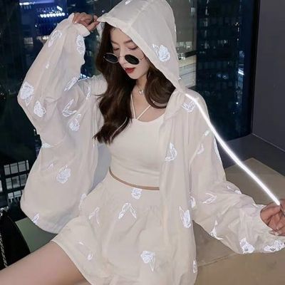 37726/反光防晒衫套装女 2021夏季新款女装蝴蝶结反光防晒衣短裤两件套