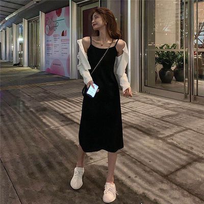 37433/气质开叉吊带连衣裙女春秋夏季2021新款修身A字裙+开衫外套两件套