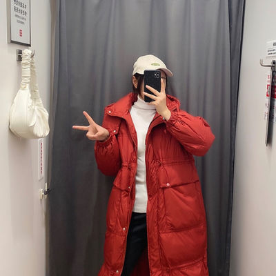 53721/羽绒服2021年新款女过膝白鸭绒中长款轻薄显瘦潮ins反季连帽外套