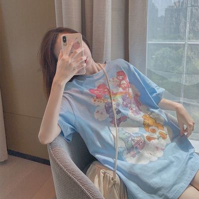 37237/冰蓝色小熊t恤女短袖宽松上衣网红ins潮超火休闲中长款夏2021新款