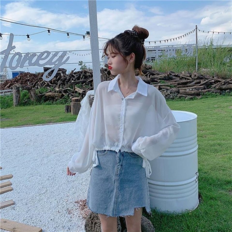 2023 new Korean version loose all-match short sun protection clothing women's summer thin section white long-sleeved chiffon shirt jacket