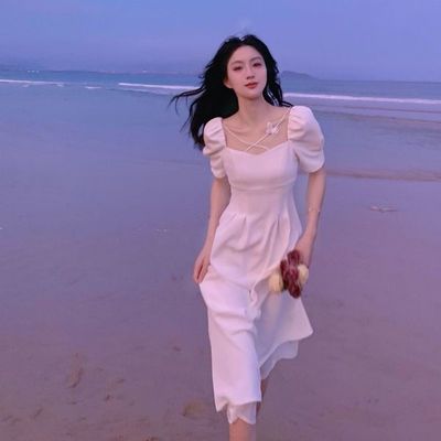 66408/森系连衣裙女夏装高档温柔风长裙白色法式初恋桔梗裙洋气减龄裙子
