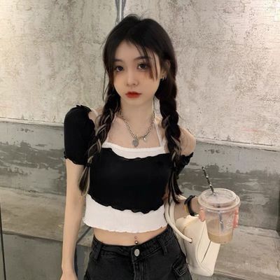 32784/2021年新款夏季甜美可爱日系显瘦短款露脐吊带蕾丝绑带两件套T恤