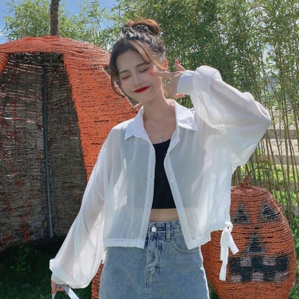 2023 new Korean version loose all-match short sun protection clothing women's summer thin section white long-sleeved chiffon shirt jacket