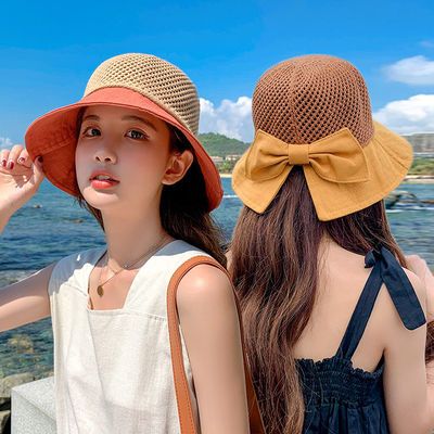 61263/帽子女夏防晒透气渔夫帽可扎马尾蝴蝶结遮阳帽夏季出游遮脸太阳帽