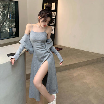 40153/气质吊带连衣裙女装2021夏季新款韩版修身显瘦中长款开叉裙子开衫