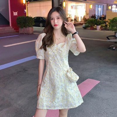36421/法式碎花泡泡袖连衣裙女蝴蝶结超仙短袖收腰裙子新款2021年温柔风
