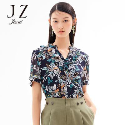 JUZUI/玖姿夏季新款度假风印花V字领飘逸女雪纺衫