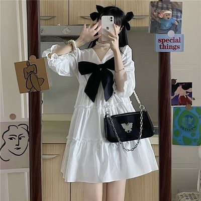 37086/设计感小众泡泡袖连衣裙女2021夏新款法式甜美白色裙森系公主裙子