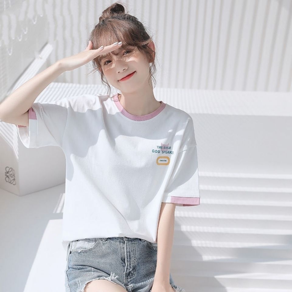 100%纯棉短袖t恤女2021新款夏季学生韩版宽松半袖ins潮白色上衣女