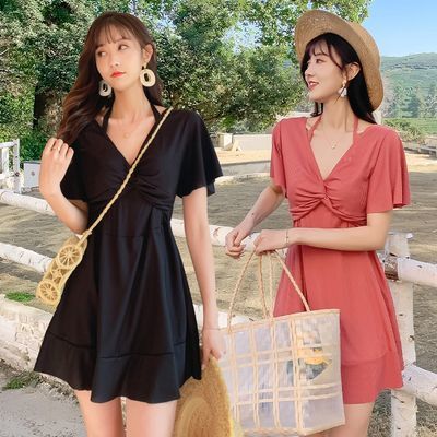 46286/胖mm游泳衣连体保守大胸聚拢加肥遮肚显瘦带钢托裙式大码温泉泳衣