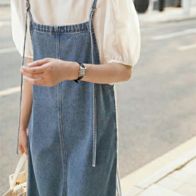 60842/新款2021夏装背带连衣裙女韩版宽松显瘦中长款开叉复古牛仔吊带裙