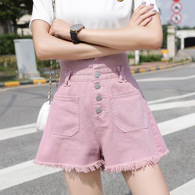 31461/网红紫色牛仔短裤女夏2020新款宽松排扣高腰显瘦毛边a字阔腿热裤