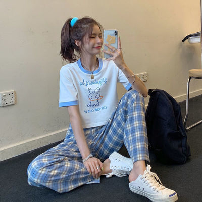 38935/单/套装夏装新款学生韩版宽松短款T恤女格子休闲阔腿直筒裤两件套