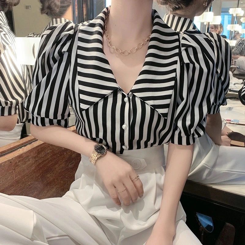 Retro striped puff sleeve short-sleeved shirt top women's summer new design sense niche loose slim shirt trendy