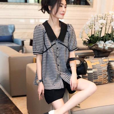 73804/曼向泡泡袖格子衬衫女薄款欧洲站夏装2021新款女装时尚短袖上衣潮