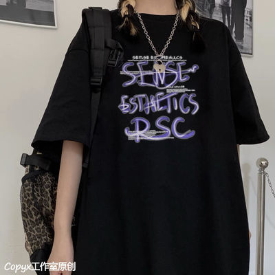 37615/潮牌ins涂鸦大码宽松短袖T恤女韩版学生百搭bf风2021新款夏季上衣