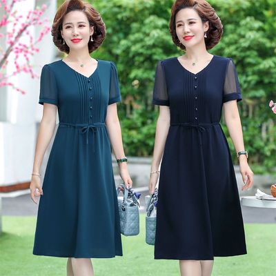 40969/气质妈妈夏装雪纺连衣裙2021新款大码女装洋气纯色减龄遮肚连衣裙