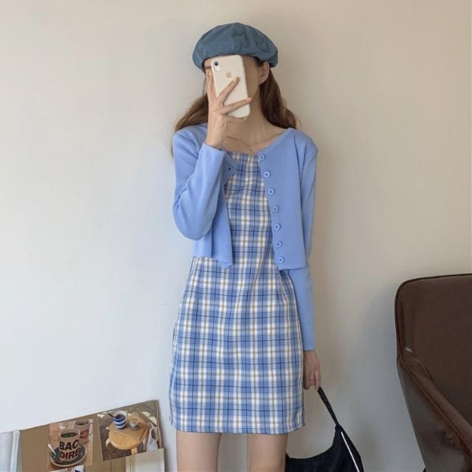 格子吊帶連衣裙套裝女夏修身顯瘦學生打底裙藍色防曬衣開衫小外套