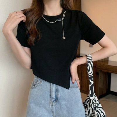 35126/2021夏季韩版修身显瘦设计感不规则短款露脐短袖T恤上衣女装