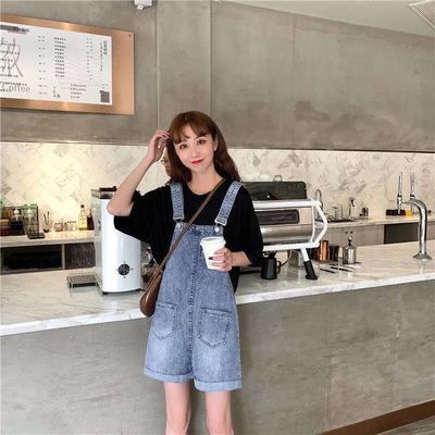 34289/减龄牛仔背带短裤女学生夏韩版吊带热裤高腰显瘦直筒裤连体阔腿裤